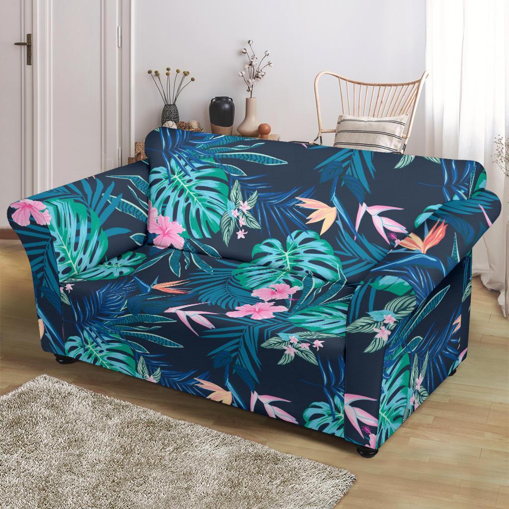 Pink Floral Tropical Palm Leaves Hawaiian Pattern Print Loveseat Cover-grizzshop