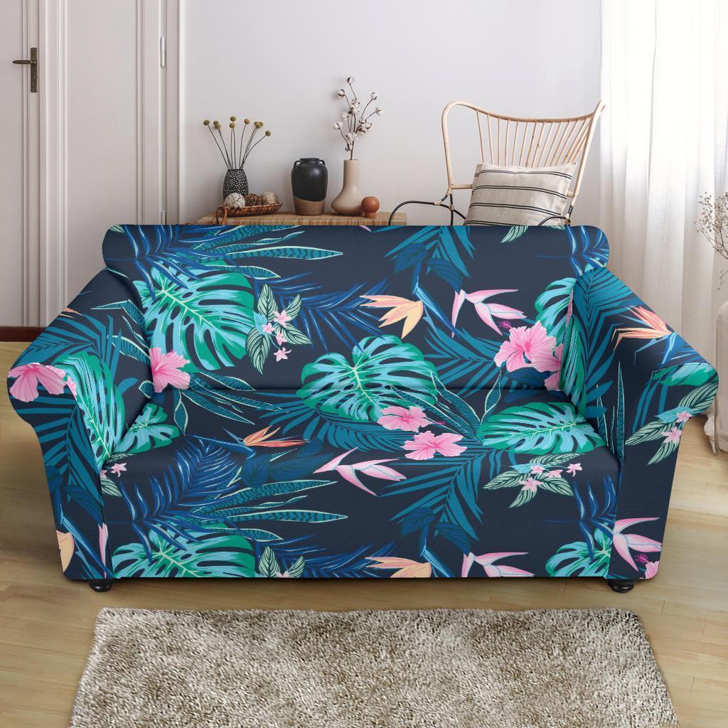 Pink Floral Tropical Palm Leaves Hawaiian Pattern Print Loveseat Cover-grizzshop