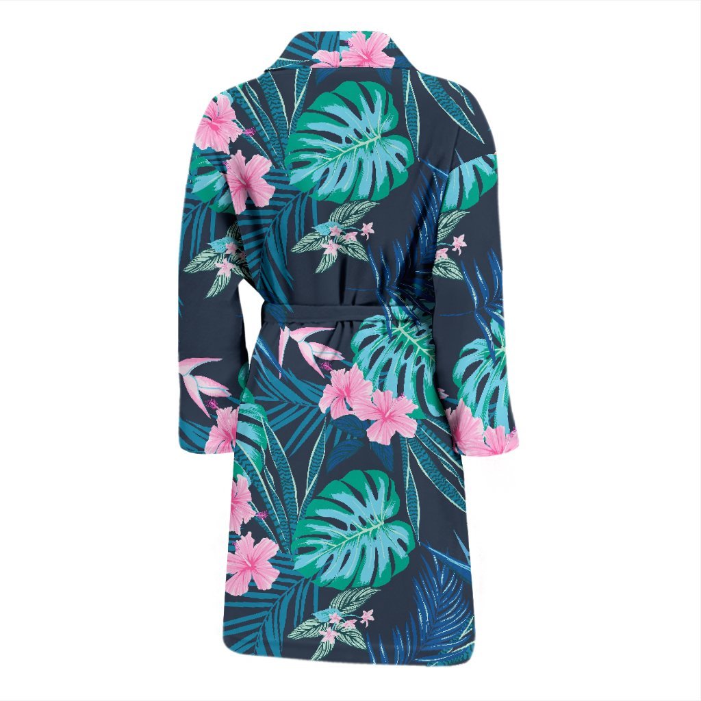 Pink Floral Tropical Palm Leaves Hawaiian Pattern Print Men Long Robe-grizzshop