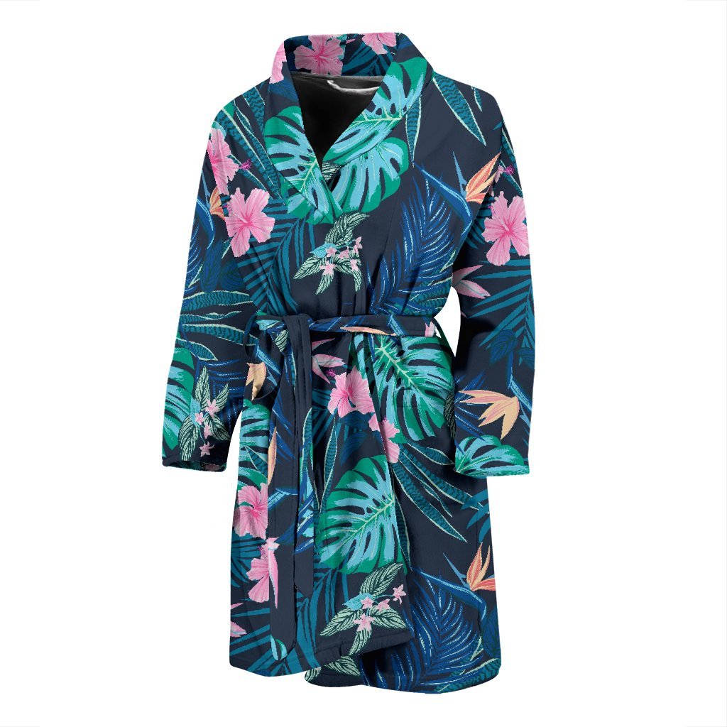 Pink Floral Tropical Palm Leaves Hawaiian Pattern Print Men Long Robe-grizzshop