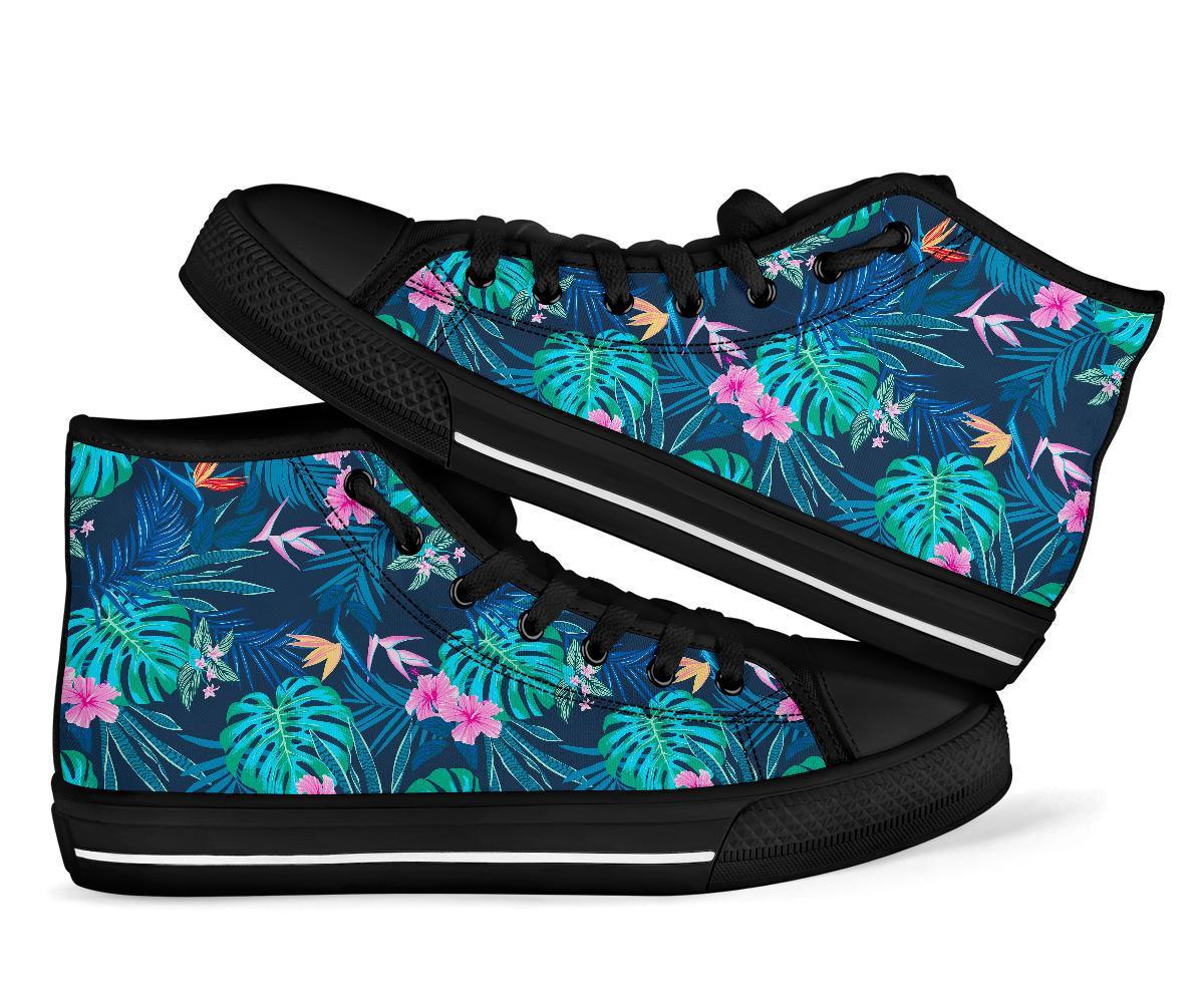 Pink Floral Tropical Palm Leaves Hawaiian Pattern Print Men Women's High Top Shoes-grizzshop