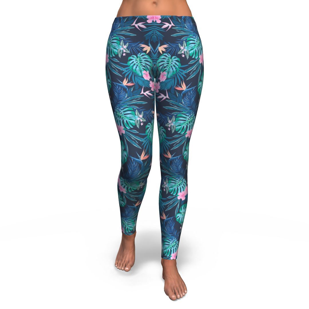 Pink Floral Tropical Palm Leaves Hawaiian Pattern Print Pattern Women Leggings-grizzshop