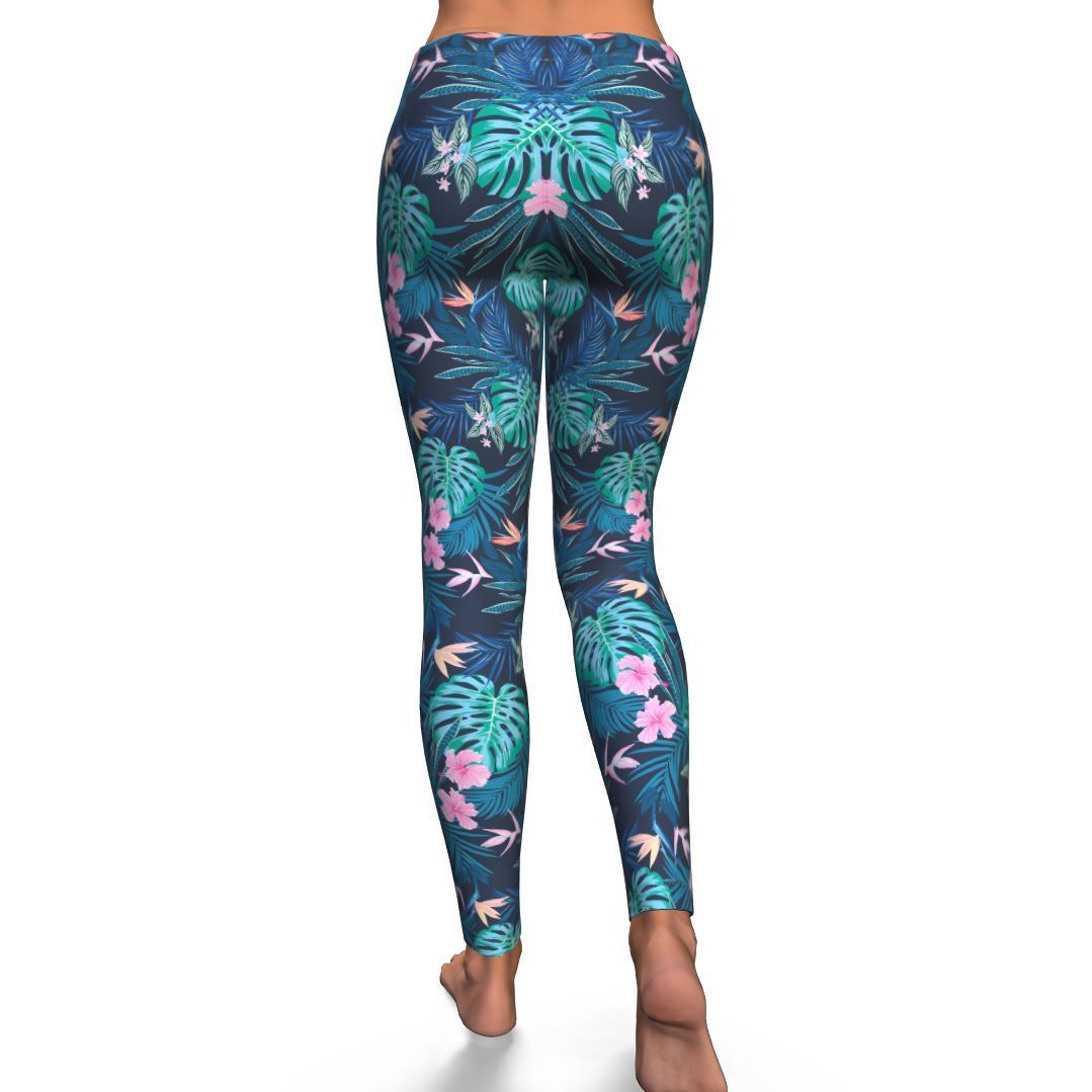 Pink Floral Tropical Palm Leaves Hawaiian Pattern Print Pattern Women Leggings-grizzshop