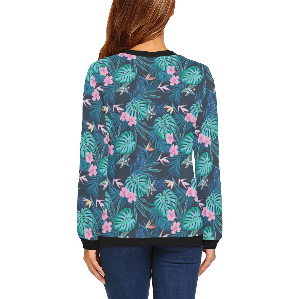 Pink Floral Tropical Palm Leaves Hawaiian Pattern Print Women Crewneck Sweatshirt-grizzshop