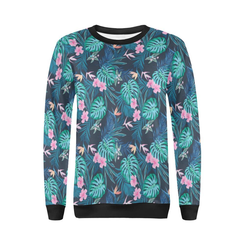 Pink Floral Tropical Palm Leaves Hawaiian Pattern Print Women Crewneck Sweatshirt-grizzshop