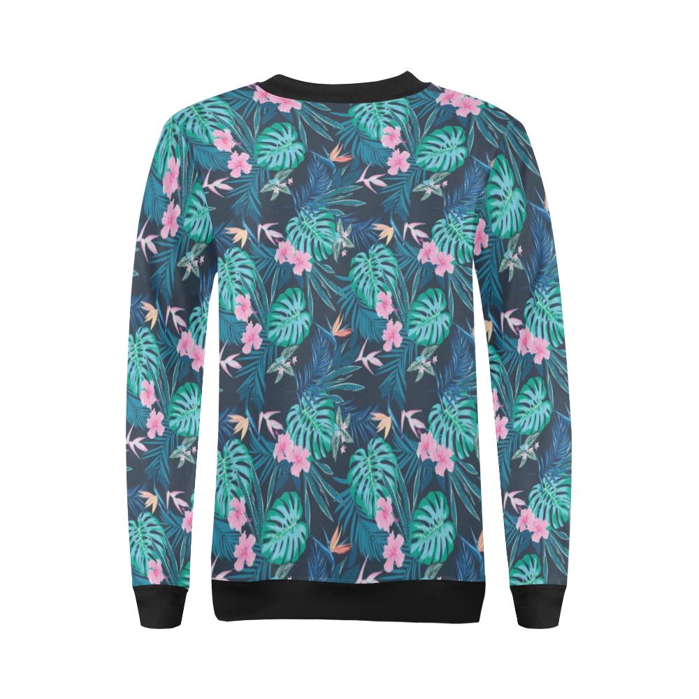 Pink Floral Tropical Palm Leaves Hawaiian Pattern Print Women Crewneck Sweatshirt-grizzshop