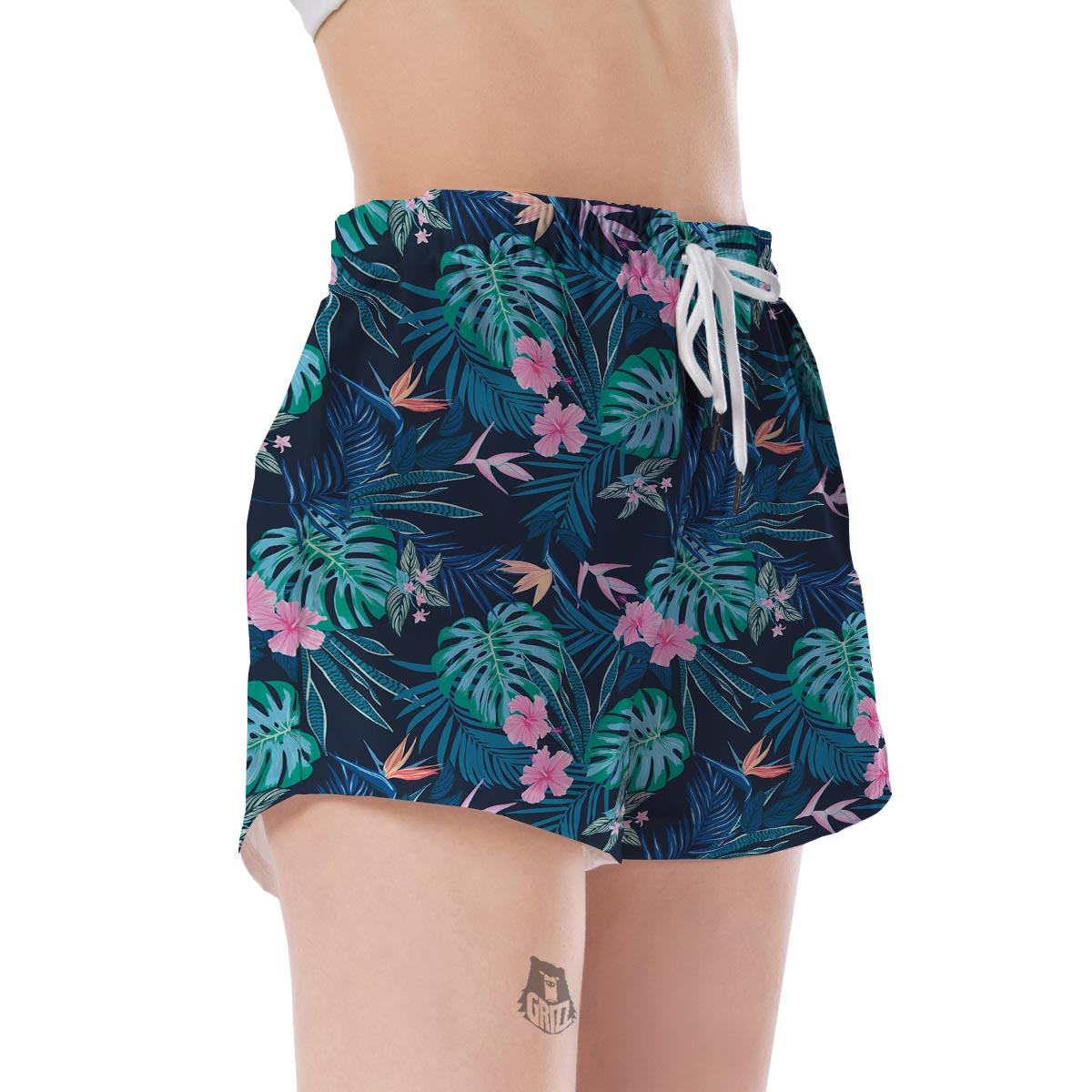 Pink Floral Tropical Palm Leaves Hawaiian Pattern Print Women's Shorts-grizzshop