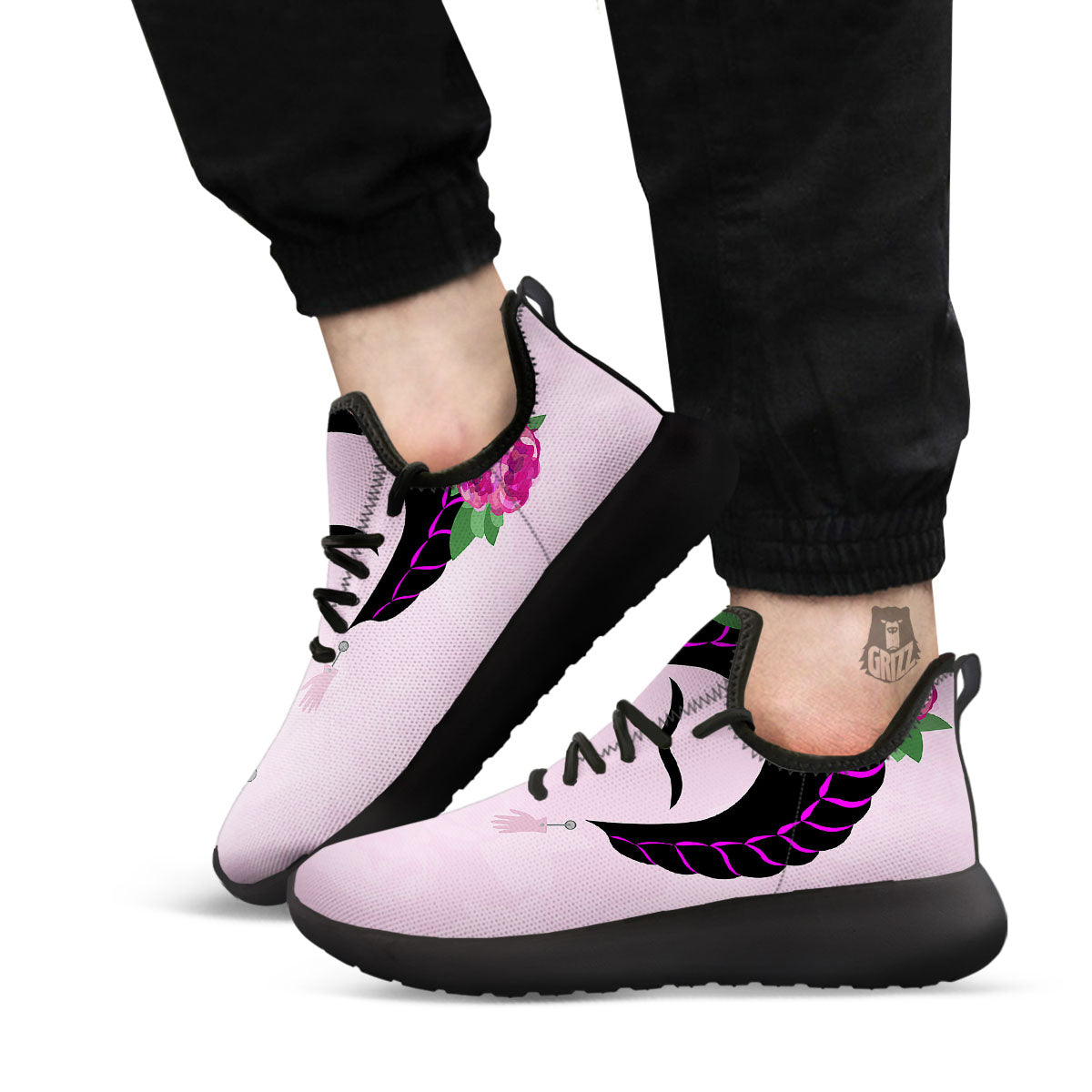 Pink Flower And Frida Kahlo Print Black Athletic Shoes-grizzshop