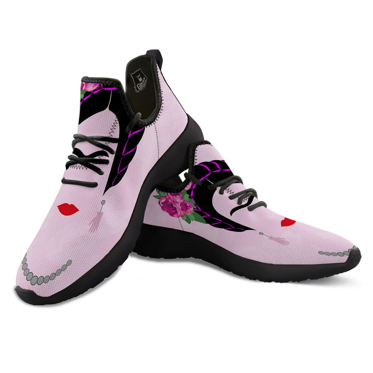 Pink Flower And Frida Kahlo Print Black Athletic Shoes-grizzshop