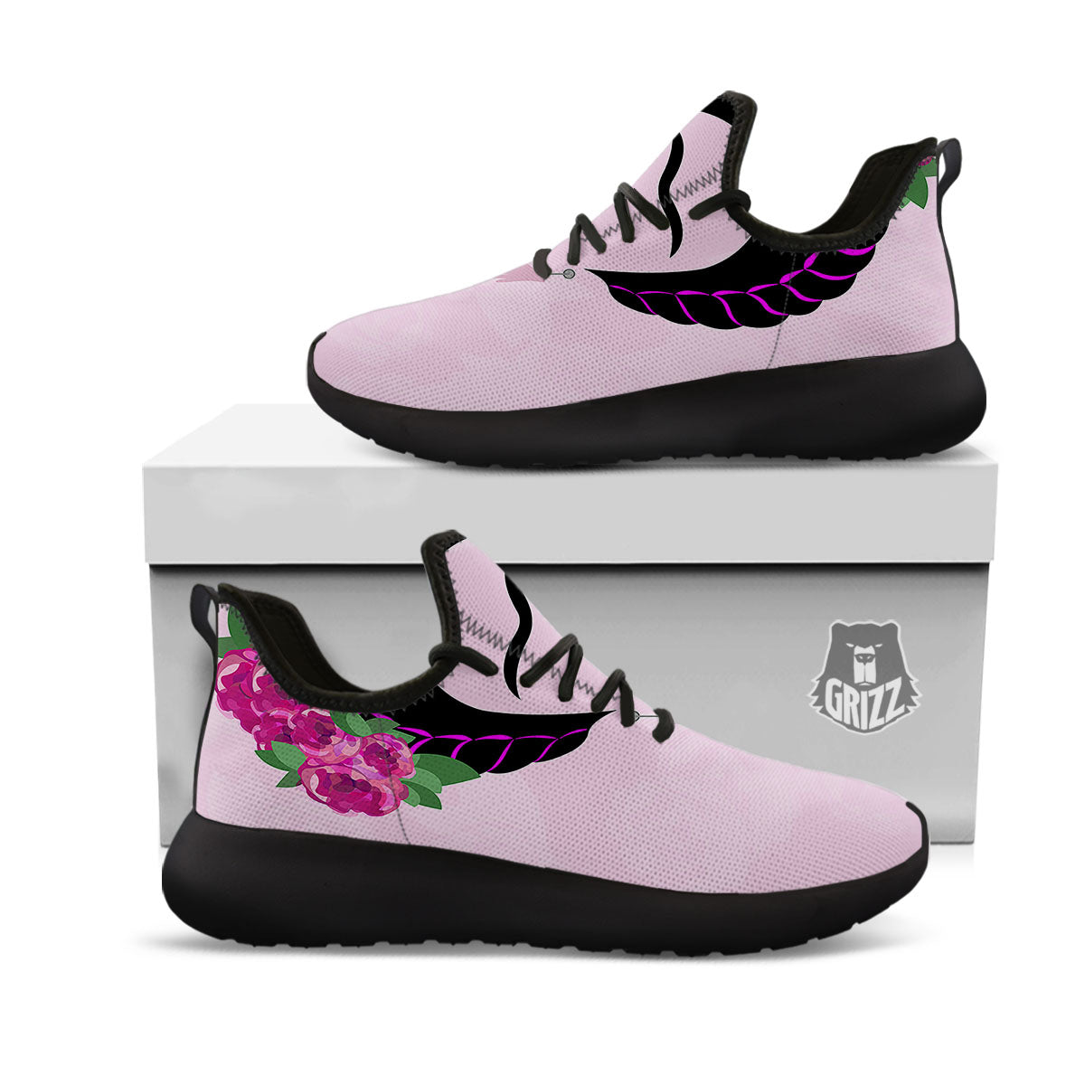 Pink Flower And Frida Kahlo Print Black Athletic Shoes-grizzshop