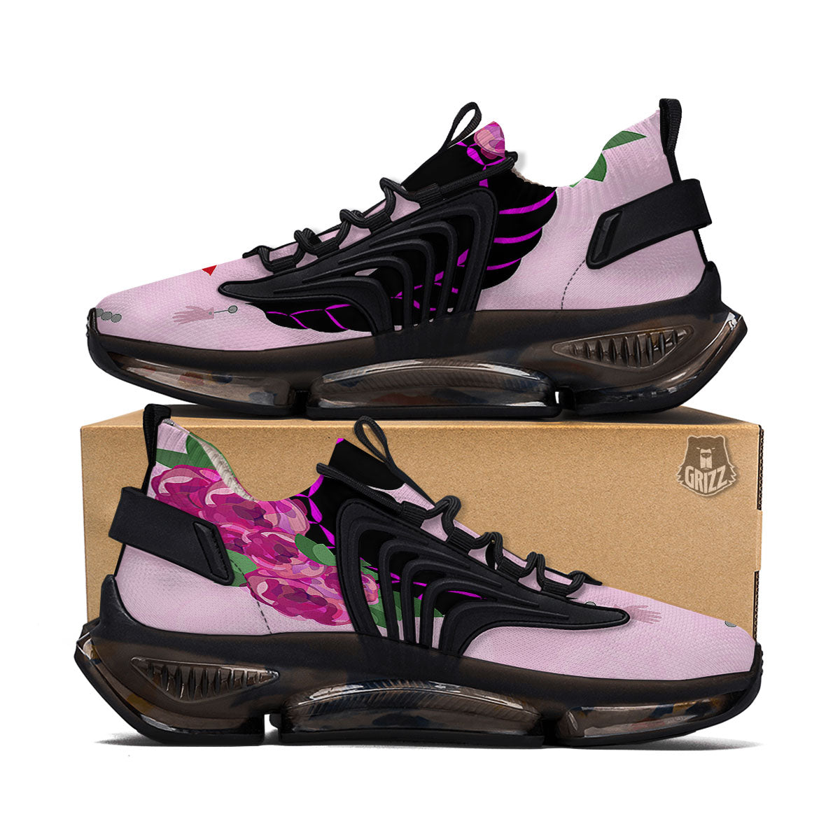Pink Flower And Frida Kahlo Print Black Gym Shoes-grizzshop