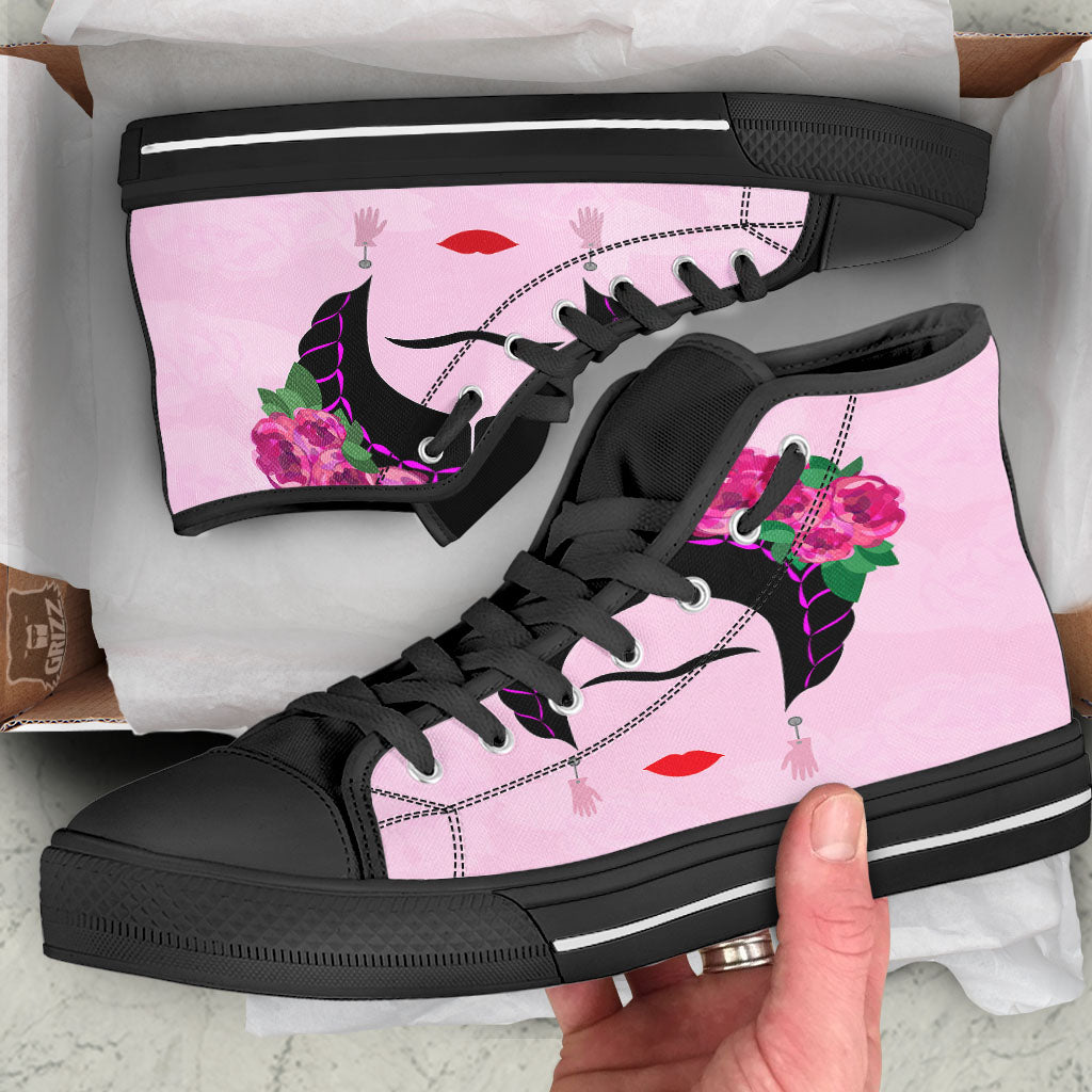 Pink Flower And Frida Kahlo Print Black High Top Shoes-grizzshop