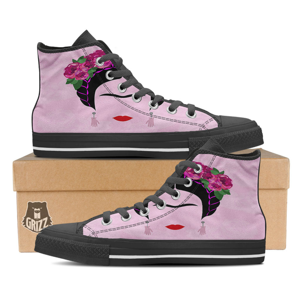 Pink Flower And Frida Kahlo Print Black High Top Shoes-grizzshop