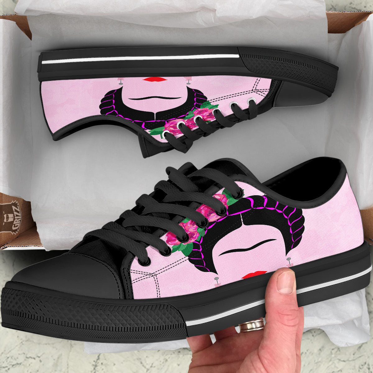 Pink Flower And Frida Kahlo Print Black Low Top Shoes-grizzshop