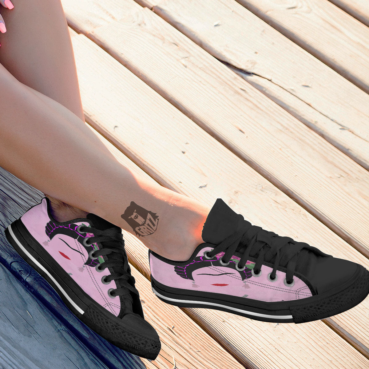 Pink Flower And Frida Kahlo Print Black Low Top Shoes-grizzshop