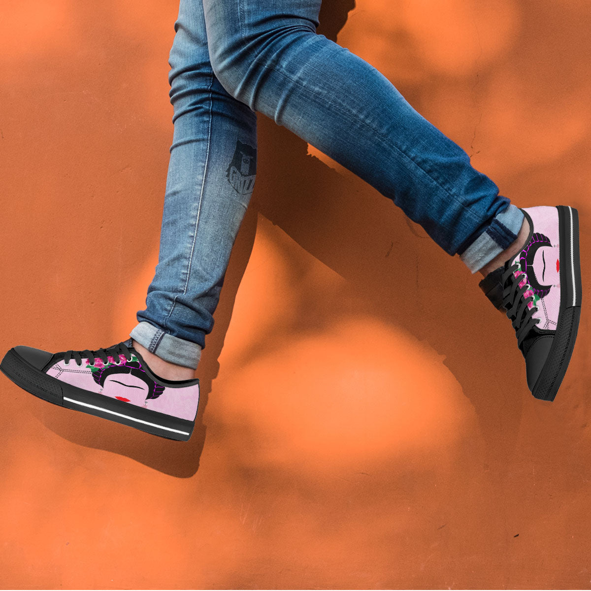 Pink Flower And Frida Kahlo Print Black Low Top Shoes-grizzshop