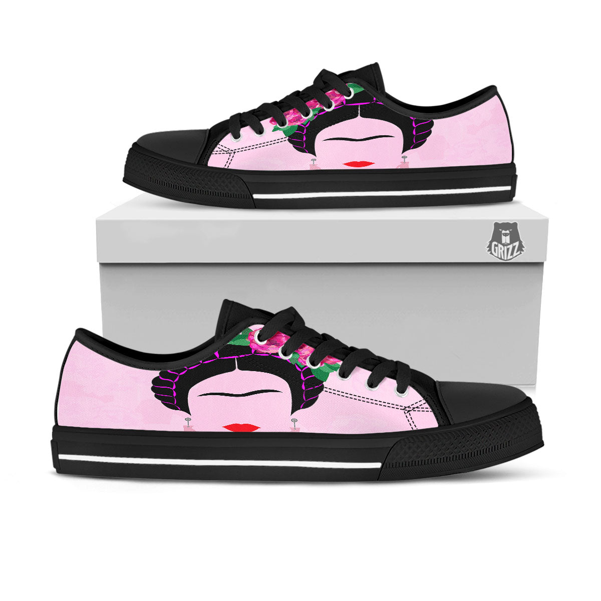 Pink Flower And Frida Kahlo Print Black Low Top Shoes-grizzshop