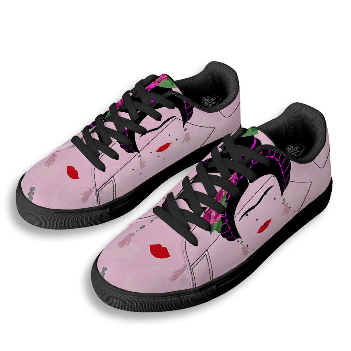 Pink Flower And Frida Kahlo Print Black Low Top Sneakers-grizzshop