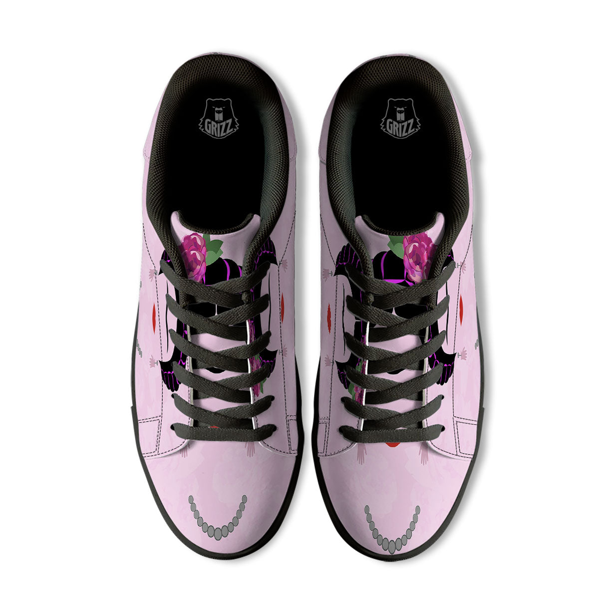 Pink Flower And Frida Kahlo Print Black Low Top Sneakers-grizzshop