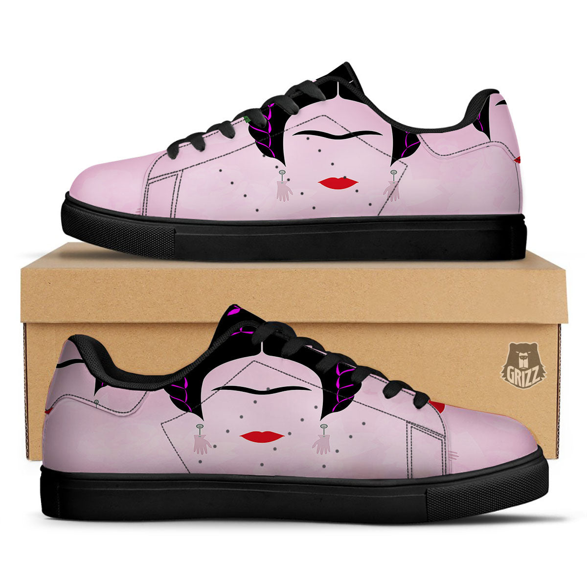 Pink Flower And Frida Kahlo Print Black Low Top Sneakers-grizzshop