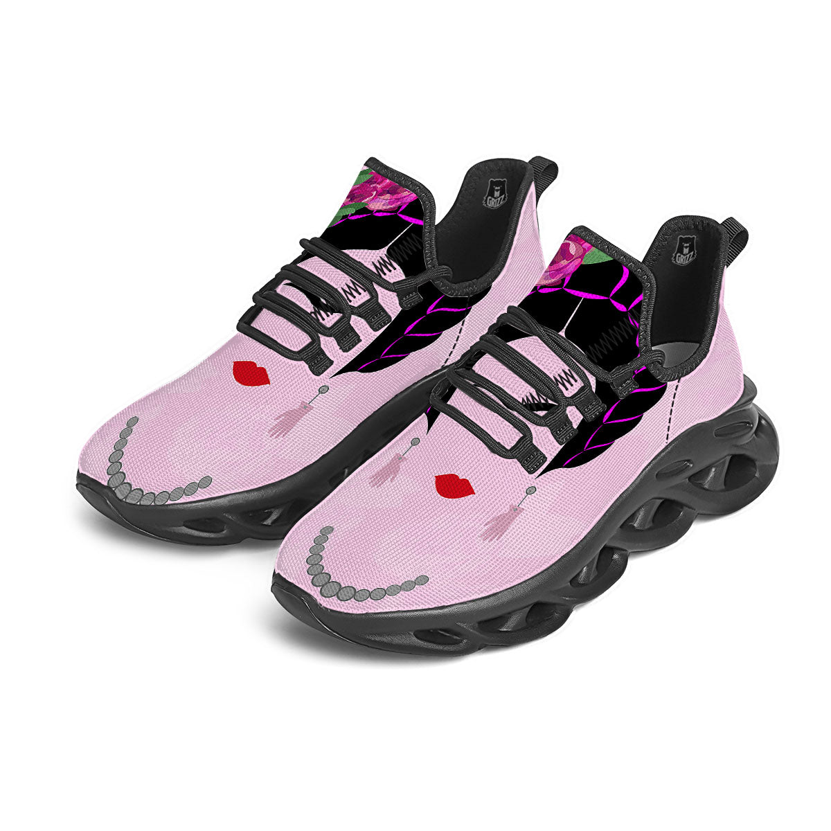Pink Flower And Frida Kahlo Print Black Running Shoes-grizzshop