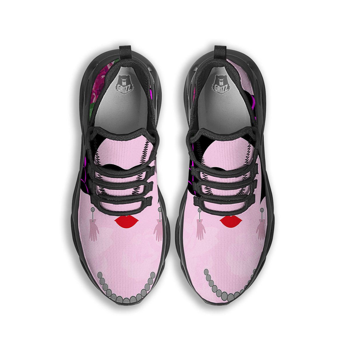 Pink Flower And Frida Kahlo Print Black Running Shoes-grizzshop