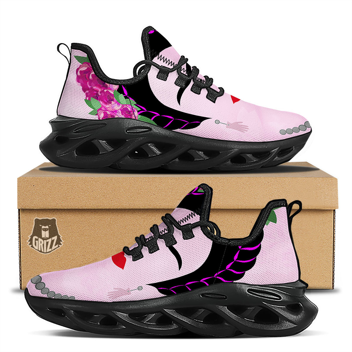 Pink Flower And Frida Kahlo Print Black Running Shoes-grizzshop