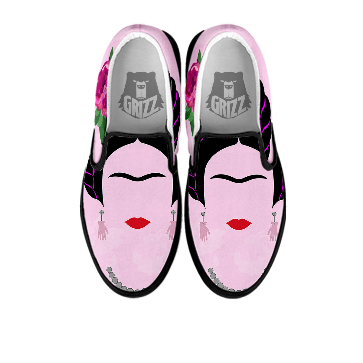 Pink Flower And Frida Kahlo Print Black Slip On Shoes-grizzshop
