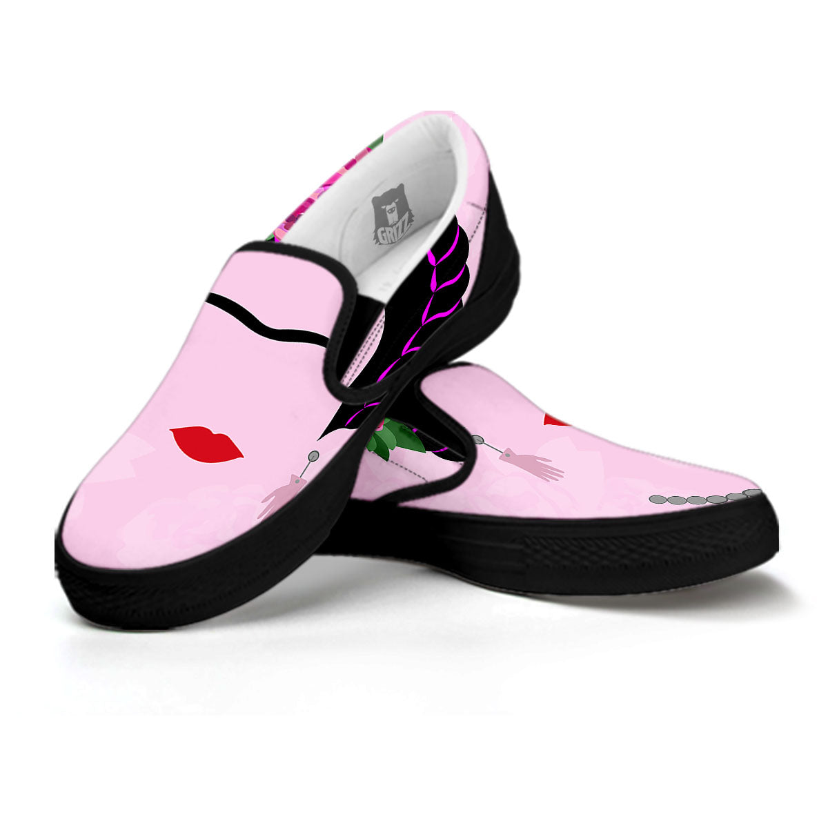 Pink Flower And Frida Kahlo Print Black Slip On Shoes-grizzshop