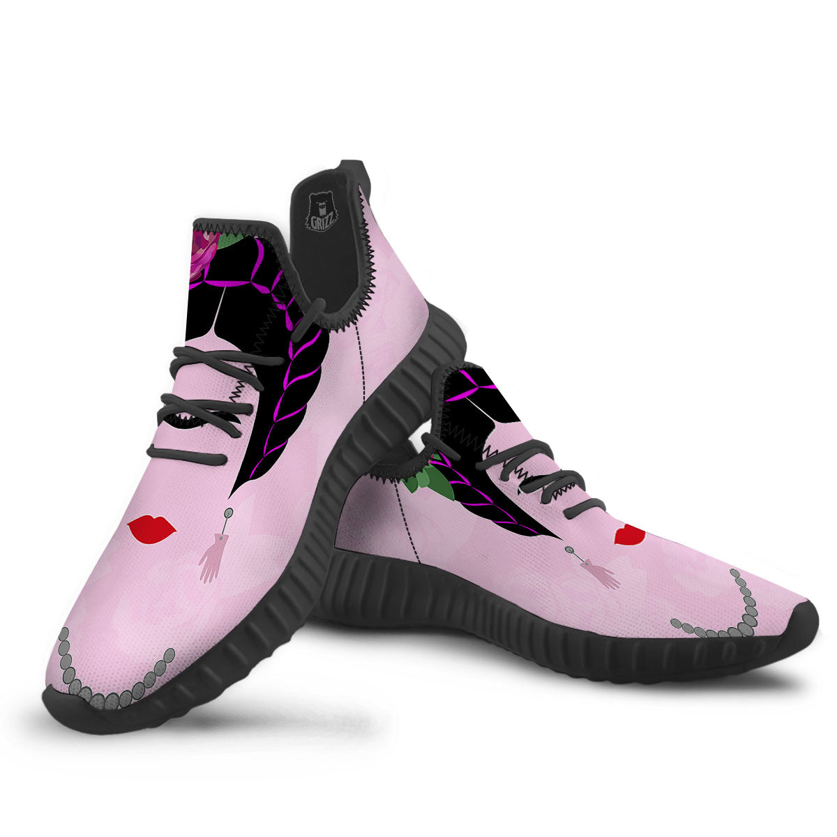 Pink Flower And Frida Kahlo Print Black Walking Shoes-grizzshop