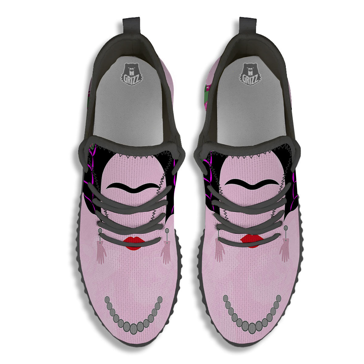 Pink Flower And Frida Kahlo Print Black Walking Shoes-grizzshop