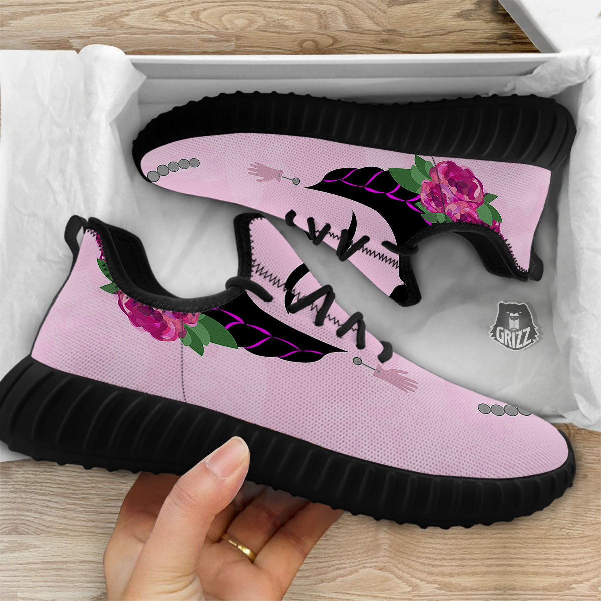 Pink Flower And Frida Kahlo Print Black Walking Shoes-grizzshop