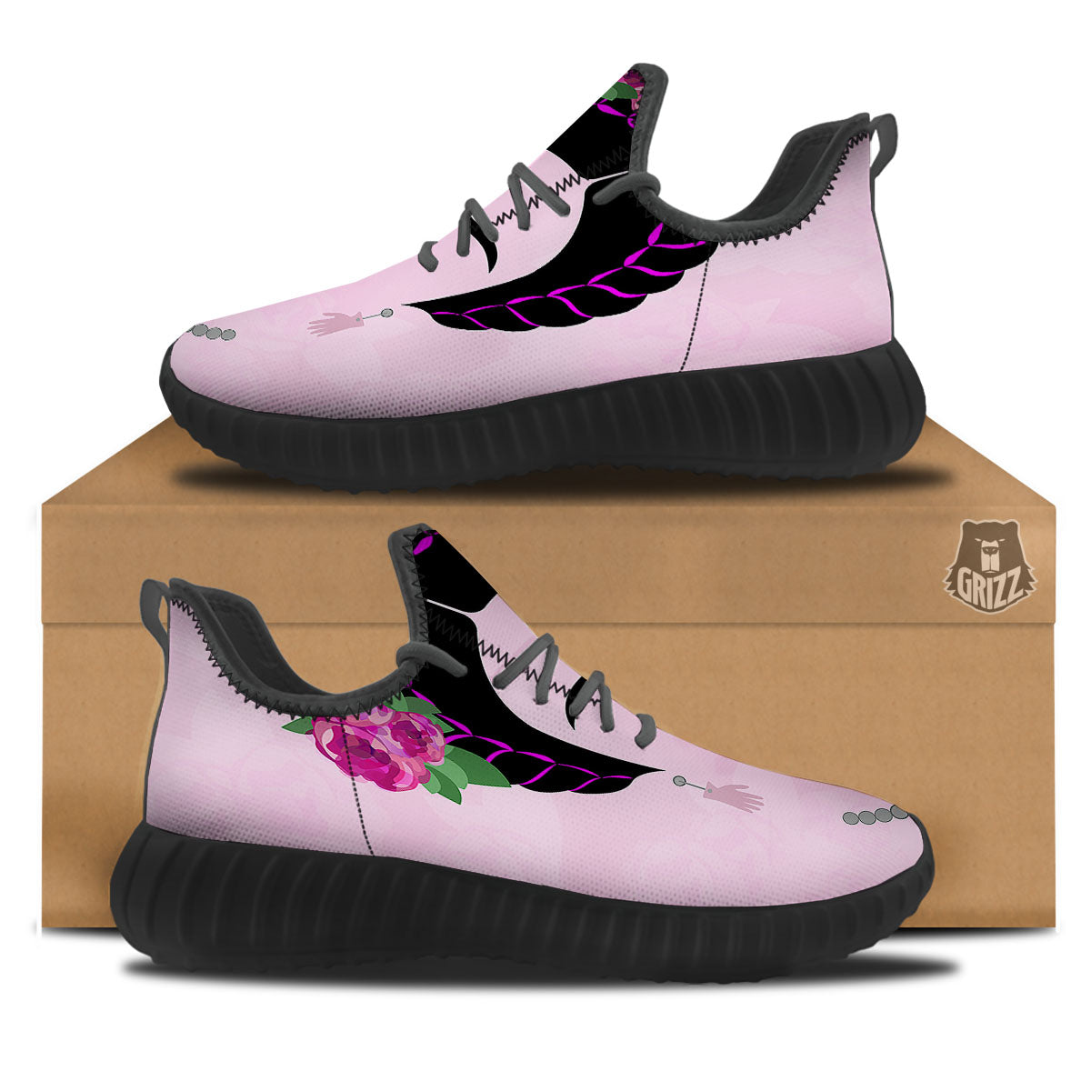 Pink Flower And Frida Kahlo Print Black Walking Shoes-grizzshop