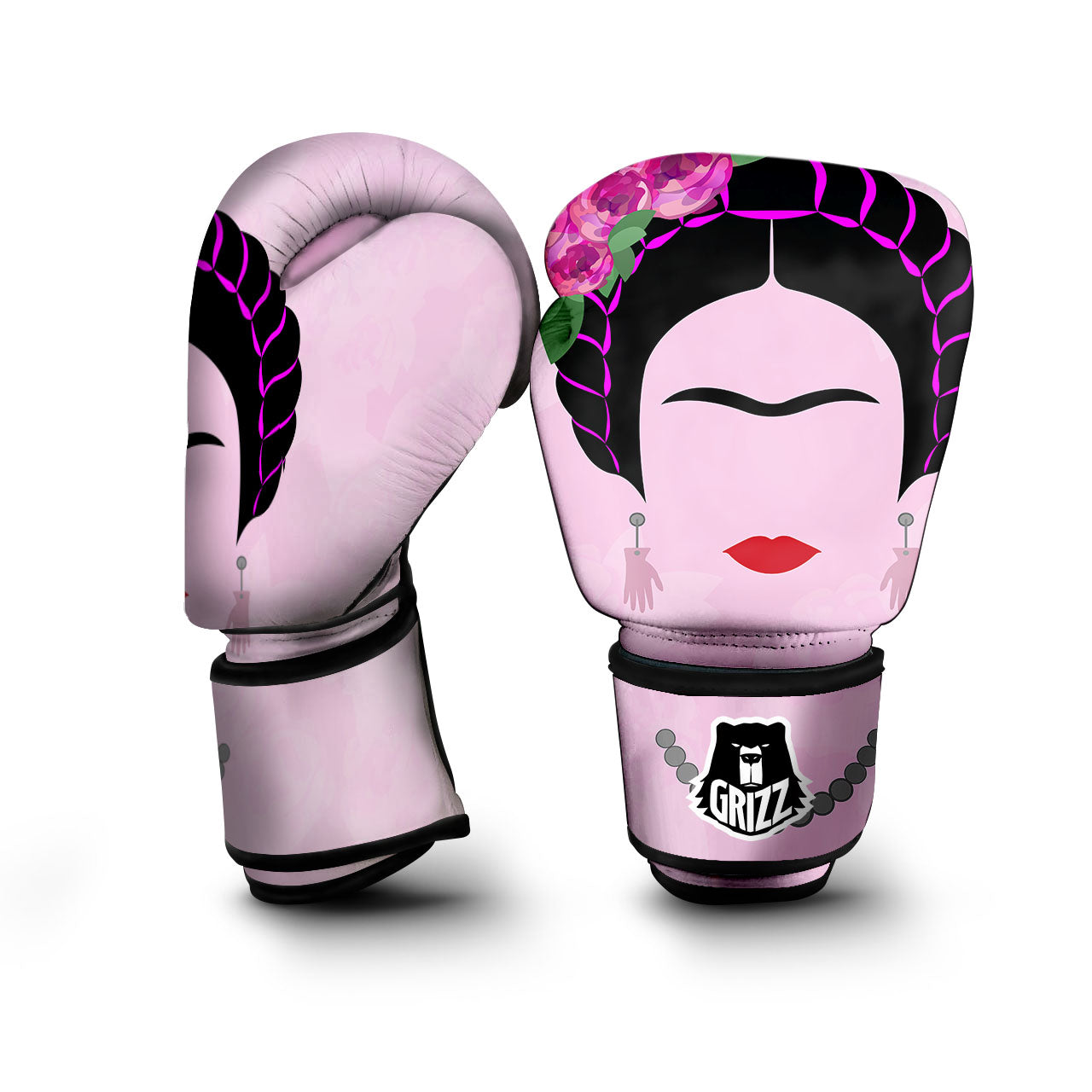 Pink Flower And Frida Kahlo Print Boxing Gloves-grizzshop