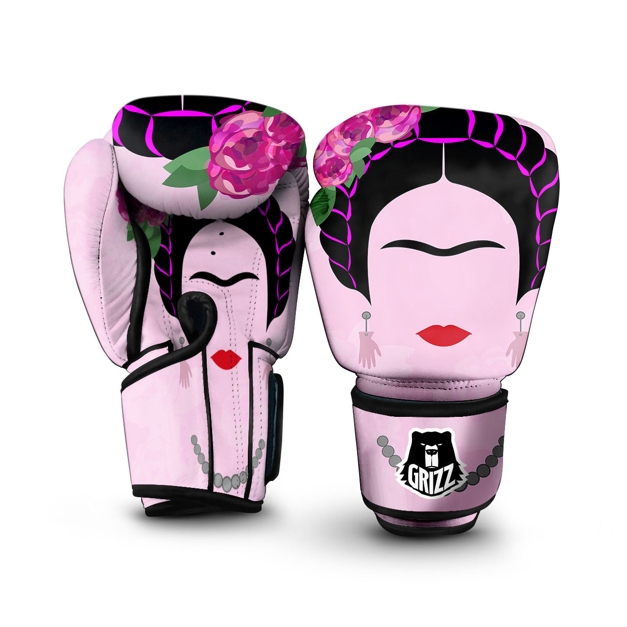 Pink Flower And Frida Kahlo Print Boxing Gloves-grizzshop