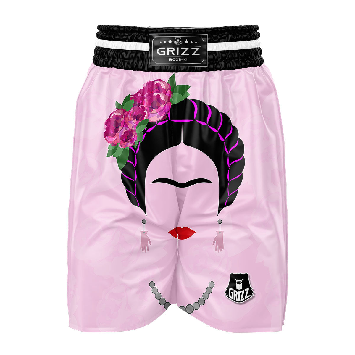 Pink Flower And Frida Kahlo Print Boxing Shorts-grizzshop