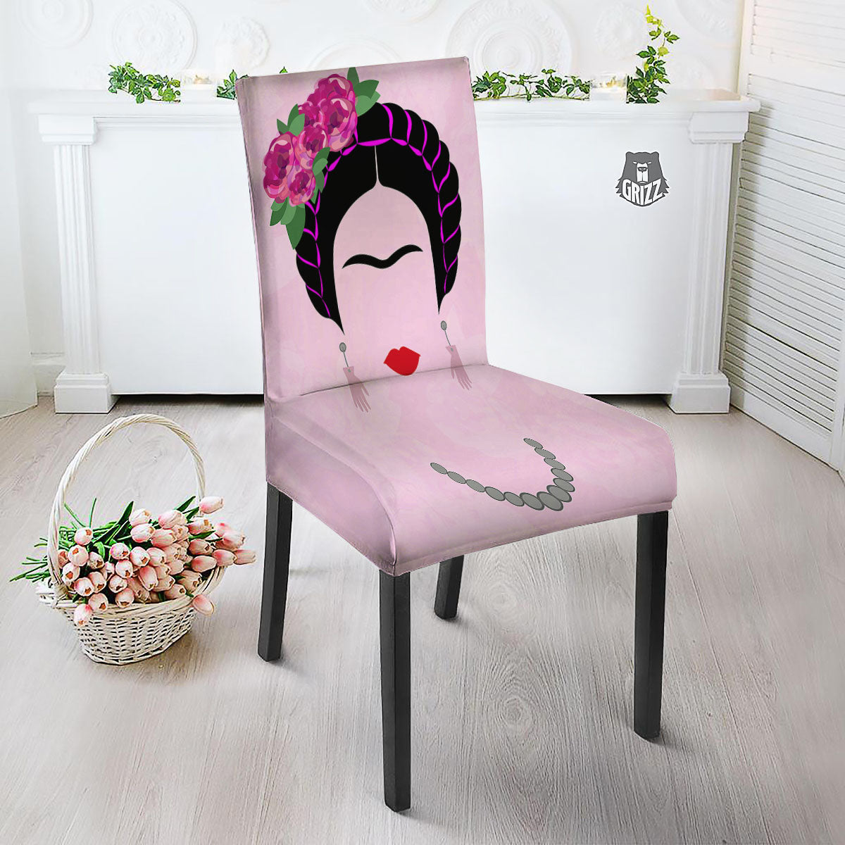 Pink Flower And Frida Kahlo Print Dining Chair Slipcover-grizzshop