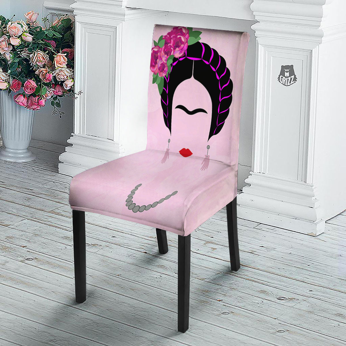 Pink Flower And Frida Kahlo Print Dining Chair Slipcover-grizzshop