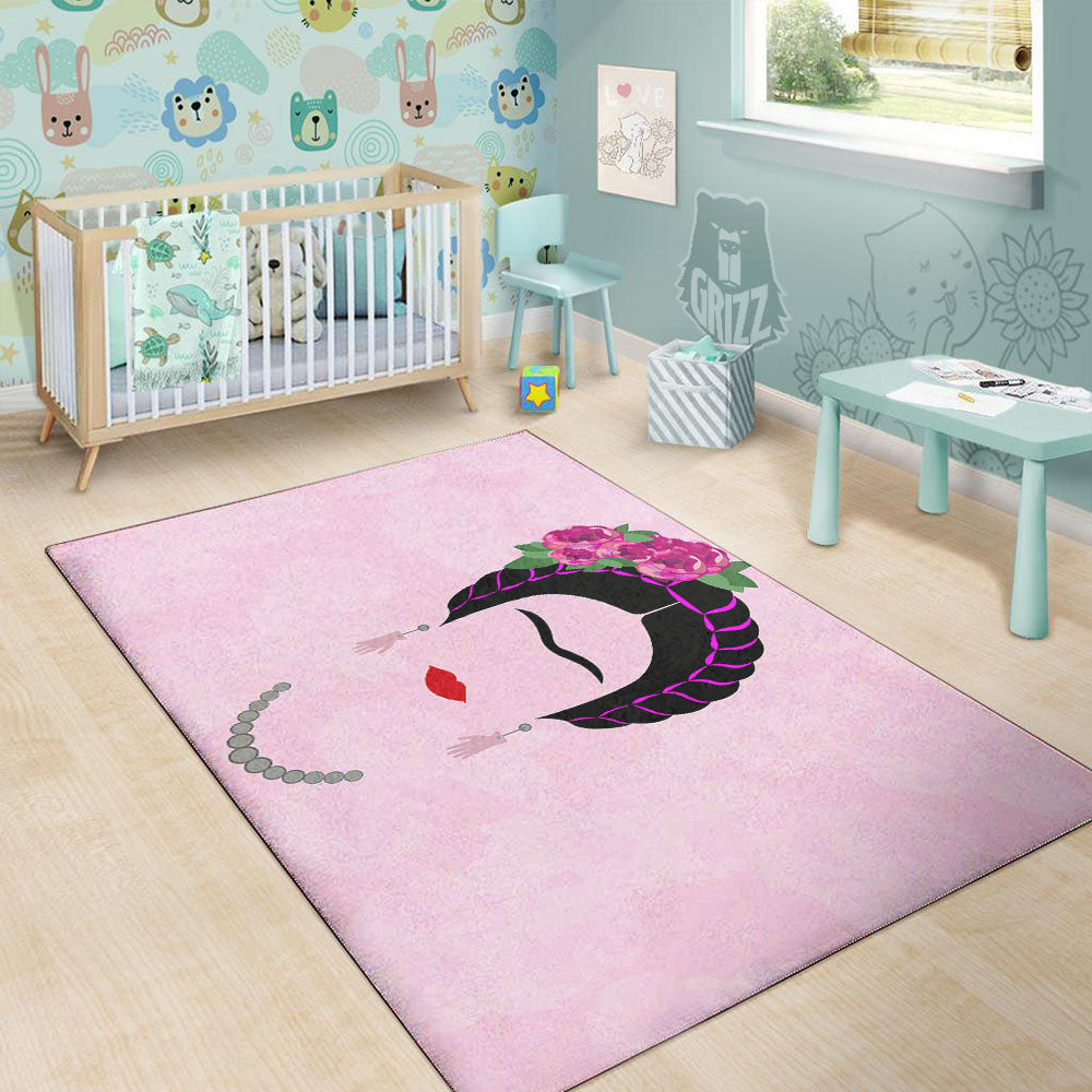 Pink Flower And Frida Kahlo Print Floor Mat-grizzshop