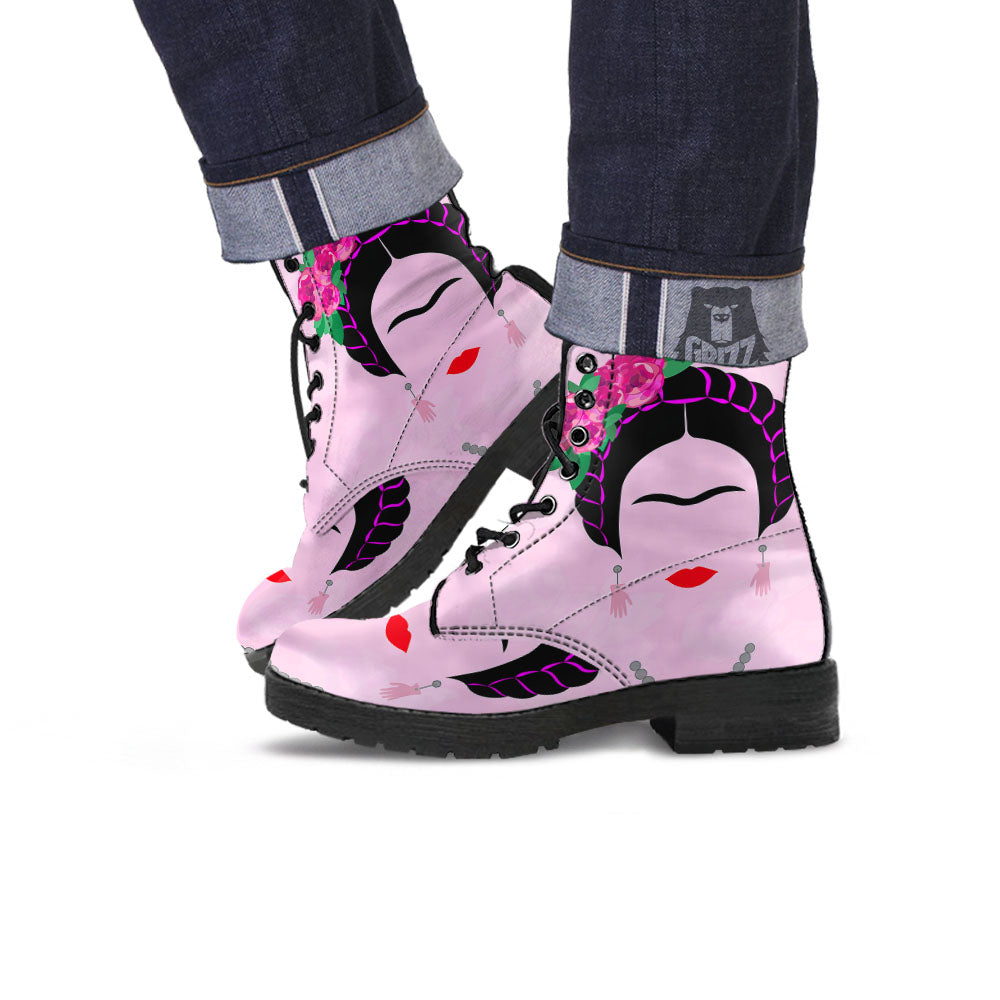 Pink Flower And Frida Kahlo Print Leather Boots-grizzshop