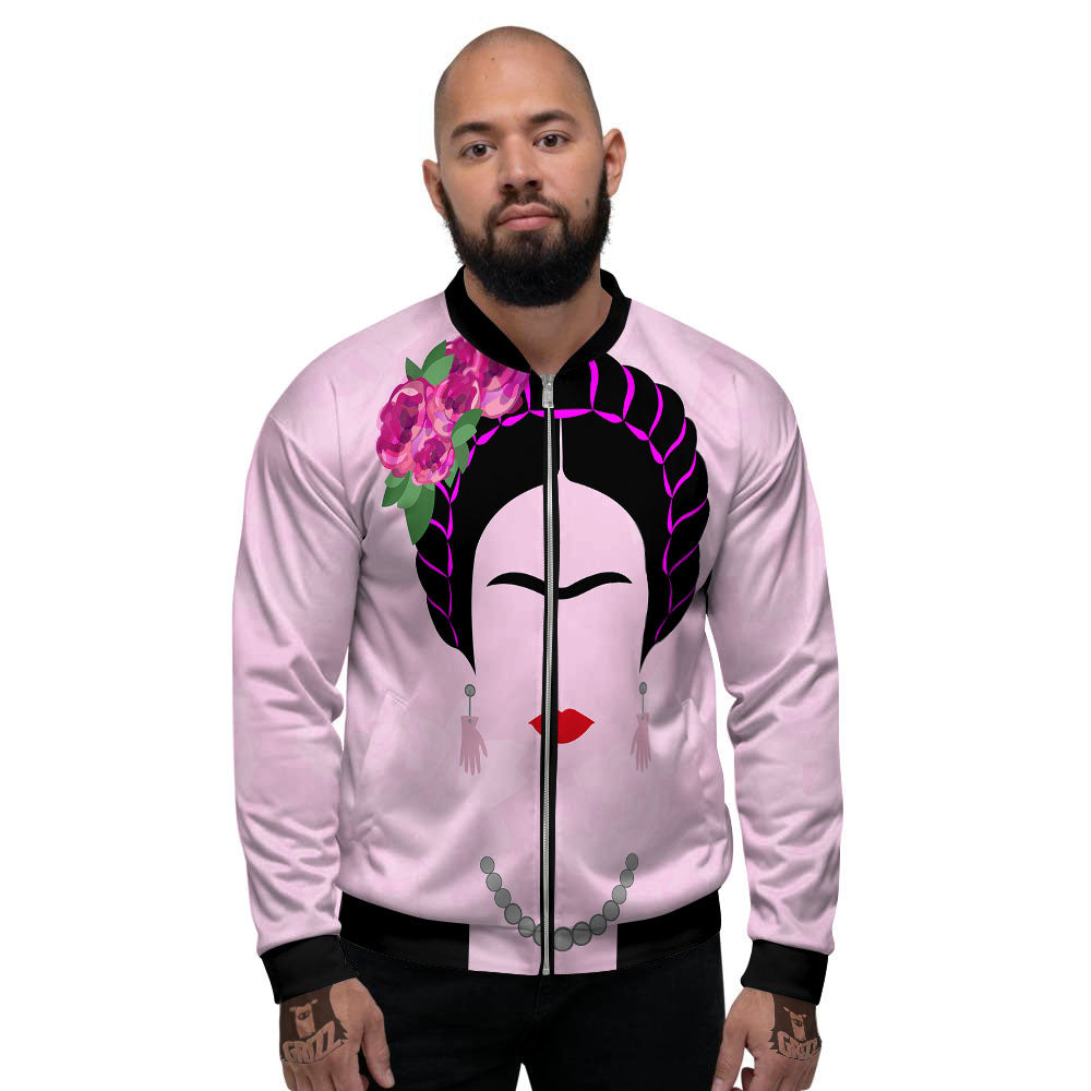 Pink Flower And Frida Kahlo Print Men's Bomber Jacket-grizzshop