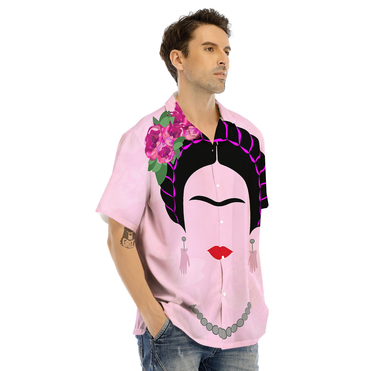 Pink Flower And Frida Kahlo Print Men's Hawaiian Shirt-grizzshop