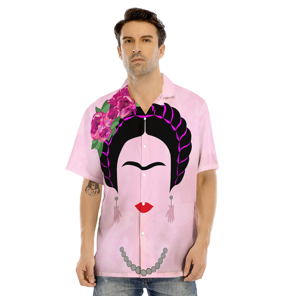 Pink Flower And Frida Kahlo Print Men's Hawaiian Shirt-grizzshop