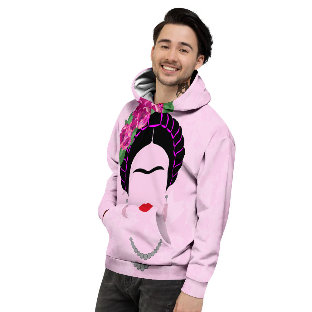 Pink Flower And Frida Kahlo Print Men's Hoodie-grizzshop