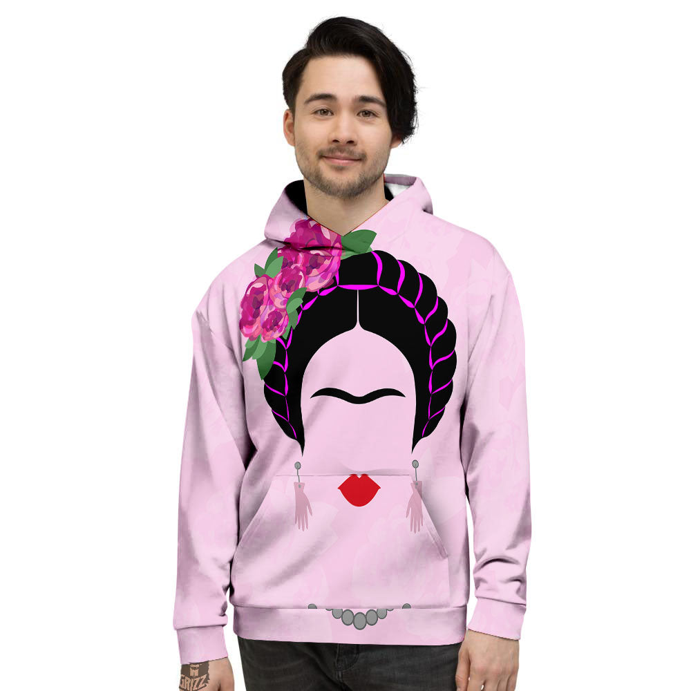 Pink Flower And Frida Kahlo Print Men's Hoodie-grizzshop