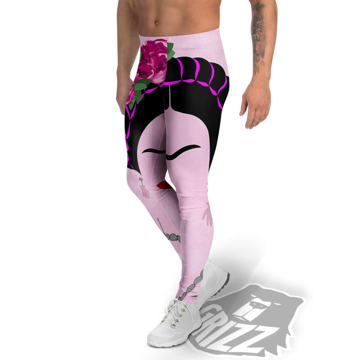Pink Flower And Frida Kahlo Print Men's Leggings-grizzshop