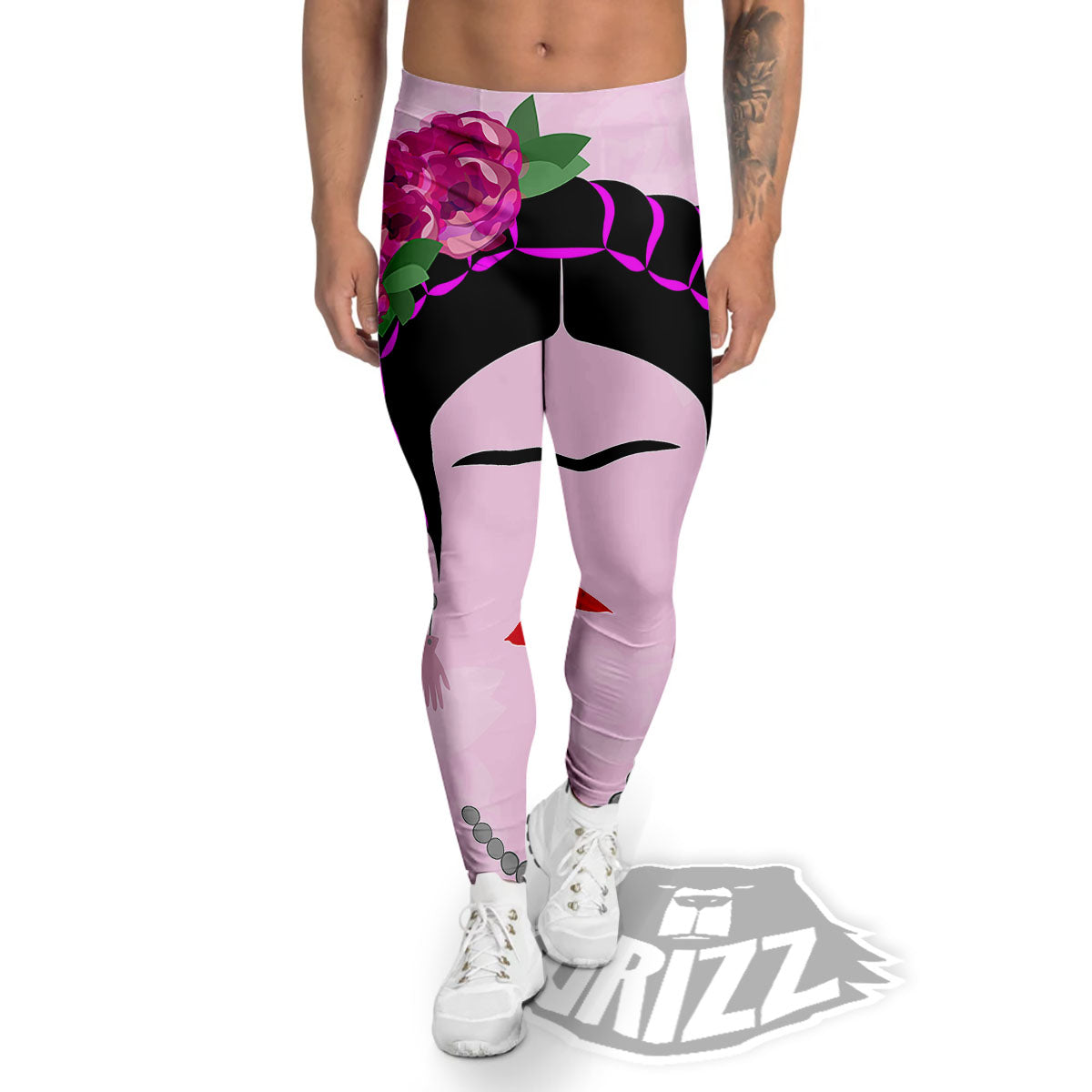 Pink Flower And Frida Kahlo Print Men's Leggings-grizzshop