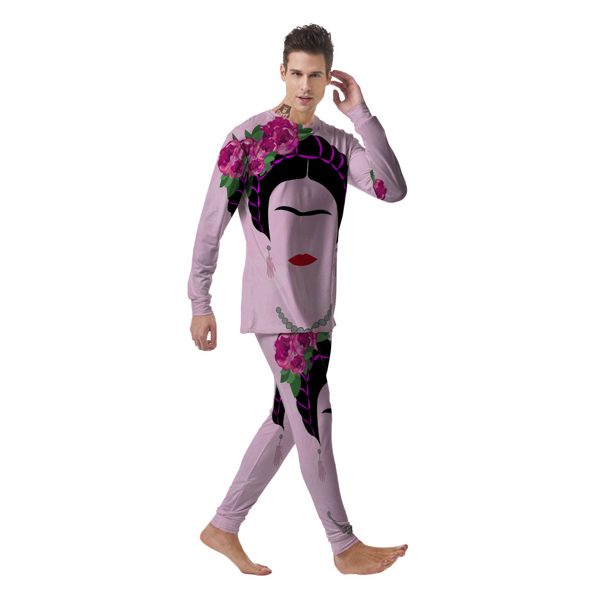 Pink Flower And Frida Kahlo Print Men's Pajamas-grizzshop