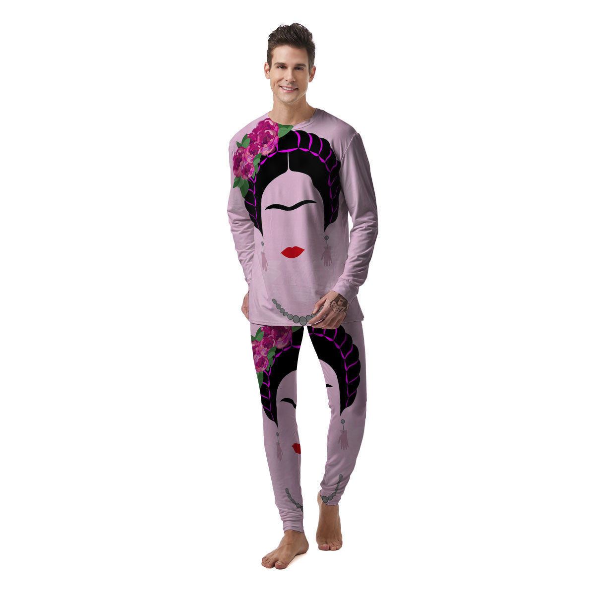 Pink Flower And Frida Kahlo Print Men's Pajamas-grizzshop