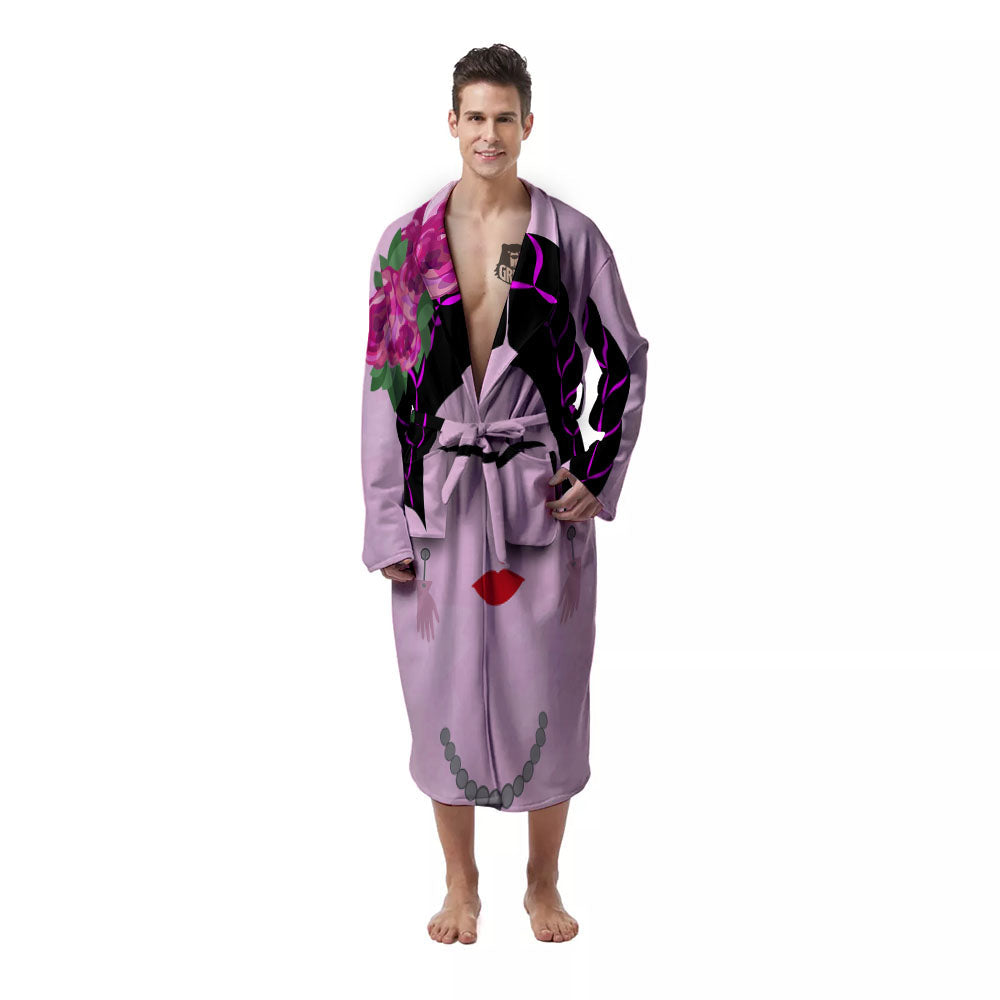 Pink Flower And Frida Kahlo Print Men's Robe-grizzshop